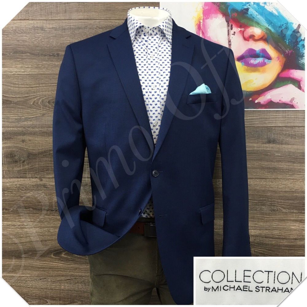 COLLECTION Mens Blazer Sport Coat 2 Button Casual Jacket Size 46L Wool Suit Blue